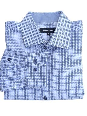 Jared Lang White/Blue Cotton Slim Fit Crosshatch Windowpane Dress Shirt (M)
